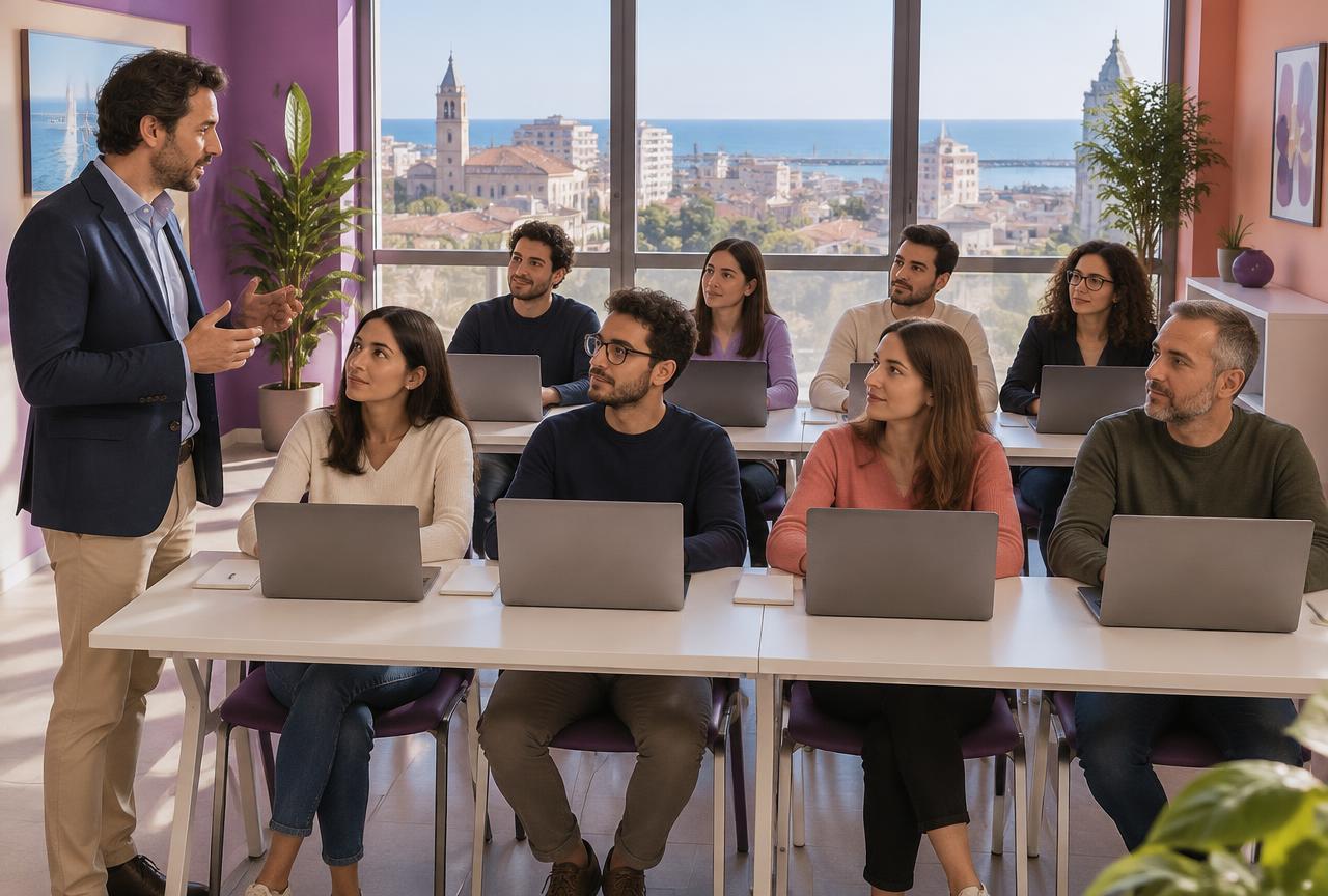 Immagine illustrativa di una lezione pratica con otto postazioni e docente