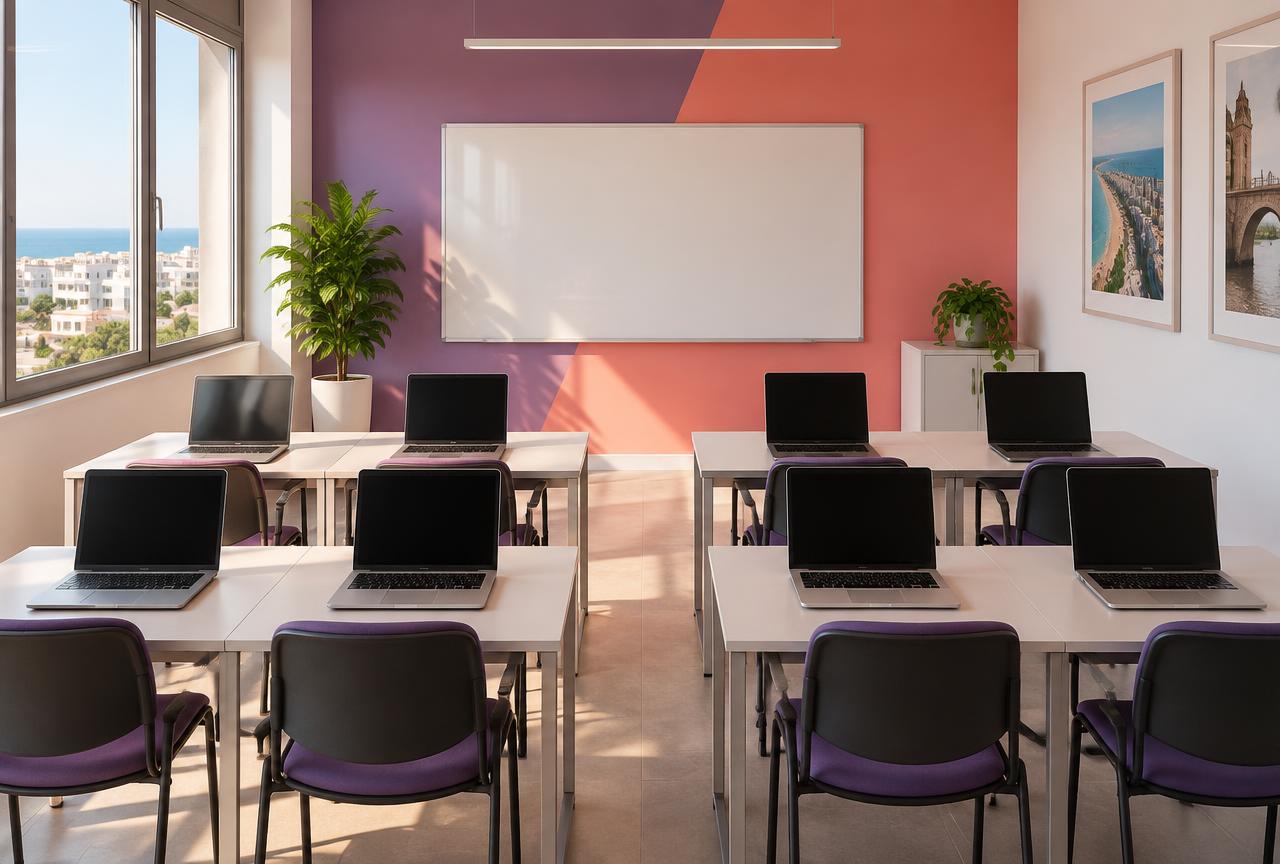 Immagine illustrativa di un’aula con otto postazioni nella luce del mattino